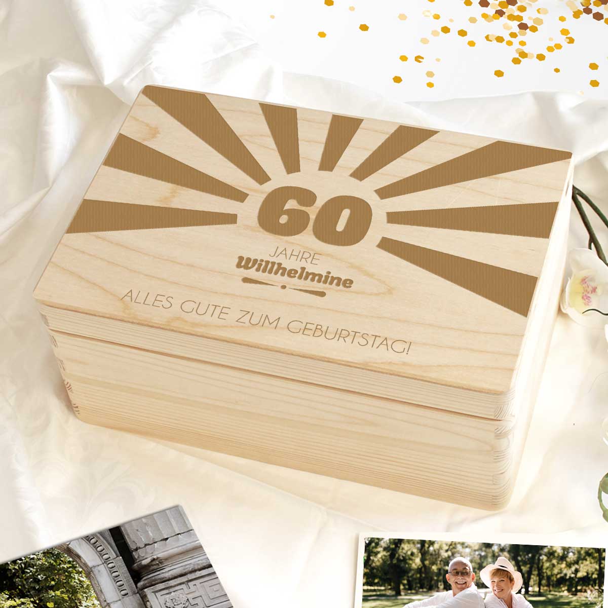 Personalisierbare Geschenkkiste Retro Strahlen aus Holz zum 60. Geburtstag